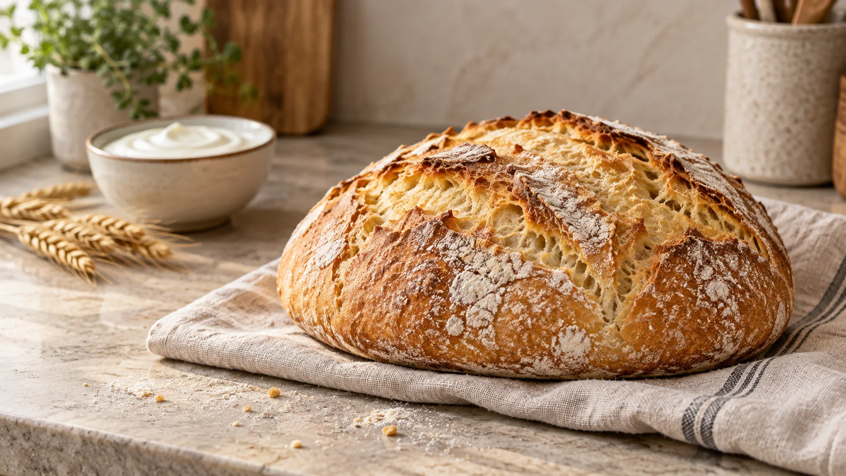 Frisch gebackenes Joghurtbrot mit goldbrauner Kruste