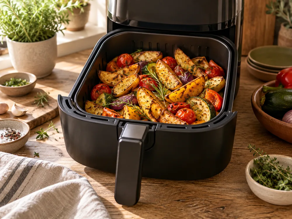Kartoffelspalten und Gemüse im Airfryer-Korb