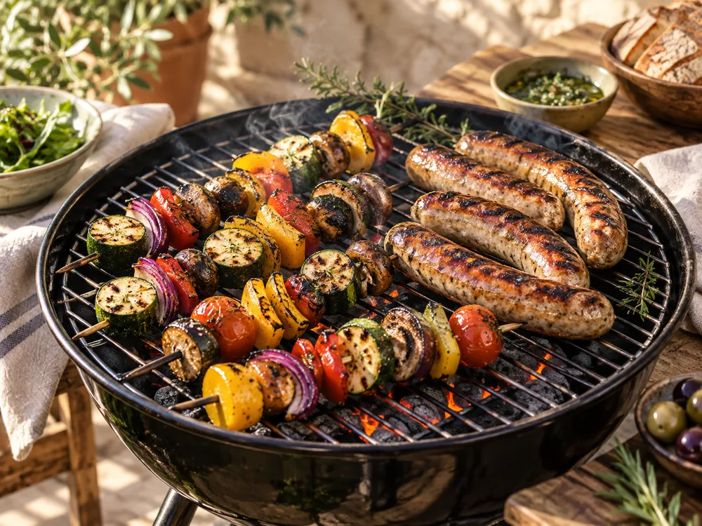 Gemüsespieße und Bratwürste auf dem Grill